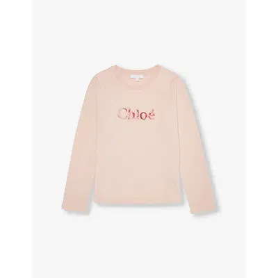 Chloé Chloe Girls Pink Washed Pink Kids Logo-embroidered Long-sleeve Cotton-jersey T-shirt 4-12 Years In Pink  Washed Pink