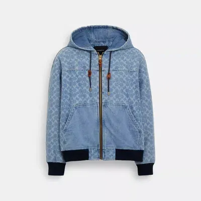 Coach Outlet Signature Denim Hooded Zip Up Jacket In Blue