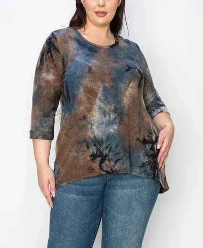 Coin 1804 Plus Size Tie Dye Cozy 3/4 Rolled Sleeve Top In Taupe Multi