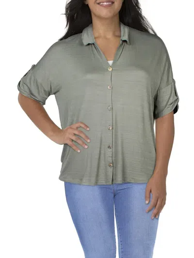 Coin 1804 Plus Womens Collared Short Sleeve Button-down Top In Green