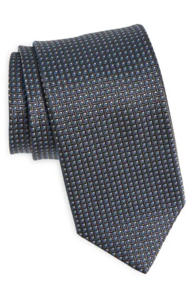 David Donahue Geometric Pattern Silk Tie In Charcoal