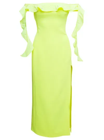 David Koma Yellow Long Off-shoulder Dress With Ruches Detail