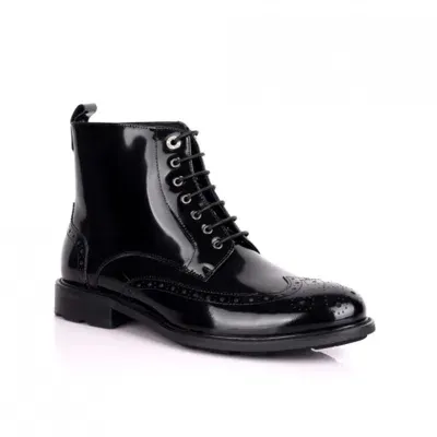 David Wej Men's Shiny Black Brogue Leather Lace Up Boots