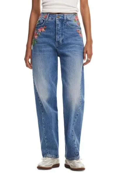 Desigual Carina Embroidered Straight Leg Jeans In Blue