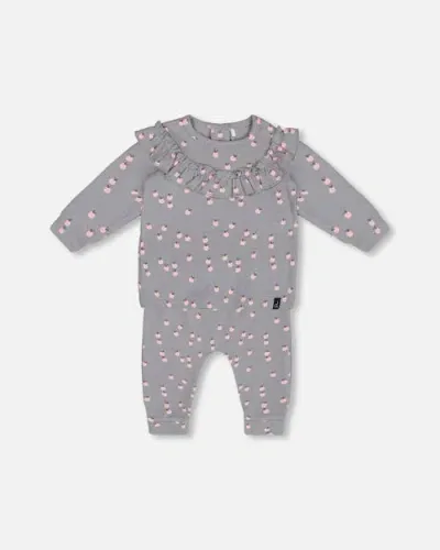 Deux Par Deux Baby Girl's Printed Organic Cotton Top And Pants Set Gray With Apples In Printed Apples