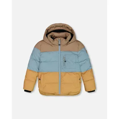 Deux Par Deux Kids'  Boy's Puffy Jacket Taupe, Blue And Golden Brown In Doe