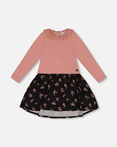 Deux Par Deux Kids'  Little Girl's Bi-material Dress With Eyelet Collar Light Pink Printed Flowers In Silver Pink