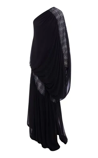 Dima Ayad Single-shoulder Lace Georgette Dress In Black