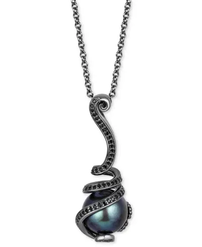 Disney Enchanted Vault Black Drill Pearl (10mm) & Black Diamond (1/4 Ct. T.w.) Ursula Tentacle Pendant Necklace In Black Rh In Brpss