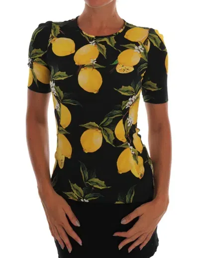 Pre-owned Dolce & Gabbana Blouse Top T-shirt Silk Stretch Lemon It36 / Us2 / Xs Rrp $1060 In Black