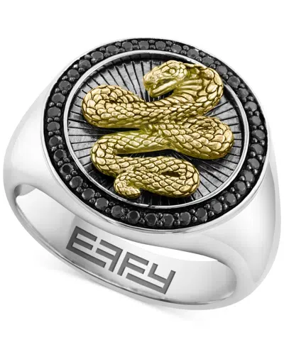 Effy Collection Effy Men's Black Spinel Cobra Round Disc Ring (3/8 Ct. T.w) In Sterling Silver, 14k Gold-plate, & Bl