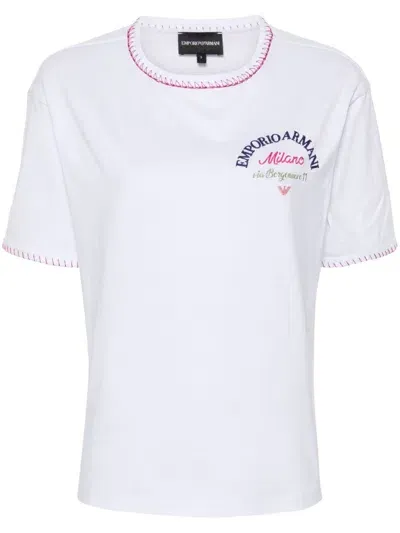 Emporio Armani Embroidered-logo Cotton T-shirt In White