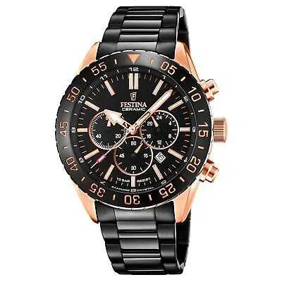 Pre-owned Festina F20578/1 Men's Chronograph With Black Tone Steel Bracelet Wristwatch In Black/rose Gold