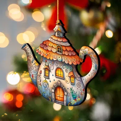 G. Debrekht Set Of 2 - Teapot Decorative Wooden Christmas Ornaments By  In Multi