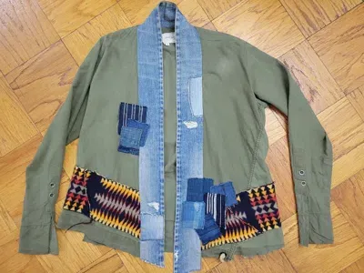 Pre-owned Greg Lauren T Navajo Army Patch Work Kimono Studio Jacket In Green