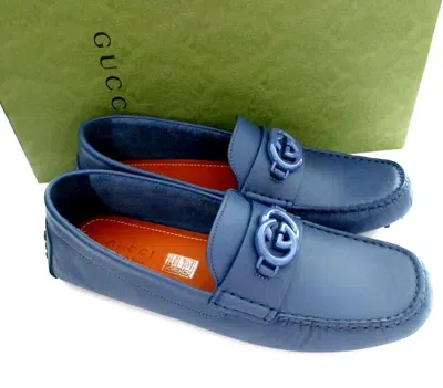 Pre-owned Gucci Gg Interlocking Loafer Blue Driver Moccasin Shoes 12/us 12.5 692379