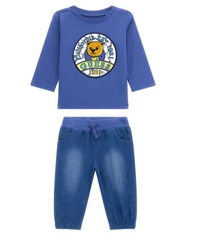 Guess Baby Boy Long Sleeve T-shirt And Stretch Denim Bottom Set In Blue