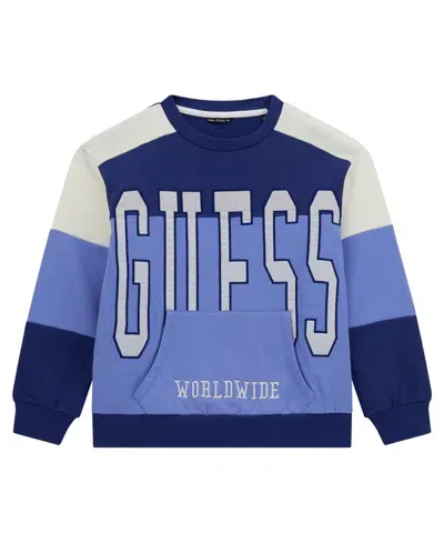 Guess Kids' Big Boy Crewneck With Embroidered Logo And Front Pocket Sweatshirt In Blue