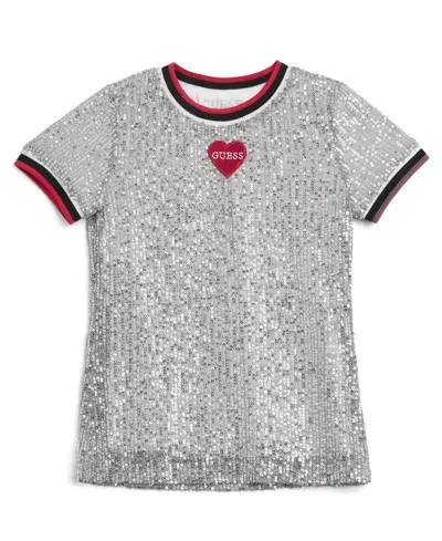 Guess Kids' Big Girls All-over Sequin Short Sleeve T-shirt In Silver