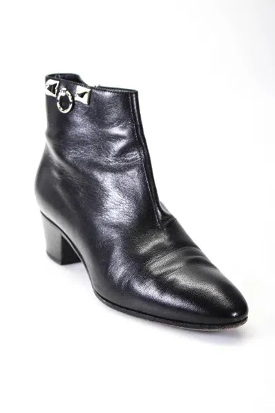 Pre-owned Hermes Womens Side Zip Block Heel Double Stud Medor Boots Black Leather 36.5