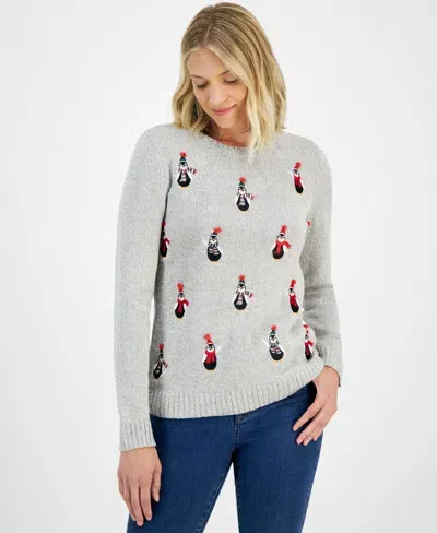 Holiday Lane Petite Fuzzy Penguins Crewneck Sweater, Created For Macy's In Marled Sleep Grey