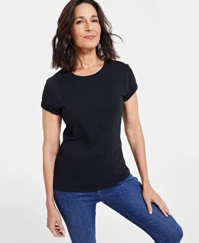 Inc International Concepts Women's Cotton Embellished-star Tee, Created For Macy's In Deep Black