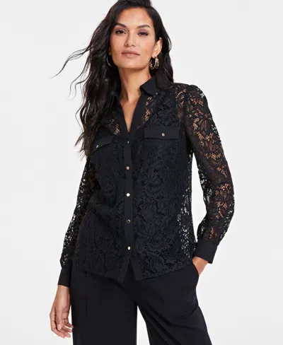 Inc International Concepts Women's Lace Button-front Blouse, Created For Macy's In Deep Black