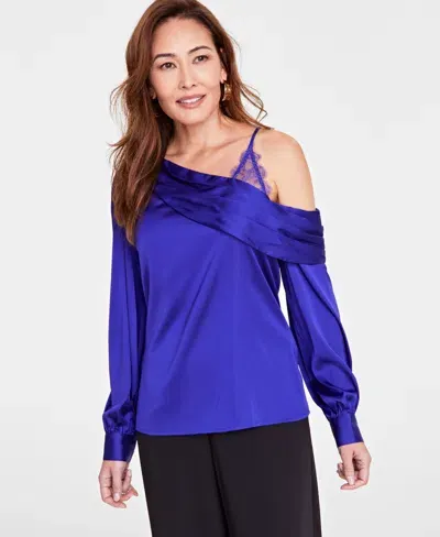 Inc International Concepts Women's Lace-shoulder Long-sleeve Blouse, Created For Macy's In Deep Iris