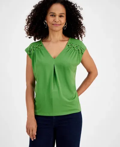 Inc International Concepts Women's O-ring-sleeve Pleat-front Blouse, Created For Macy's In Lush Fern