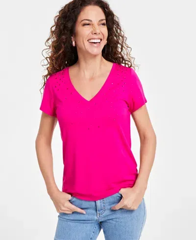 Inc International Concepts Women's Raining-crystal V-neck Tee, Created For Macy's In Pink Tutu