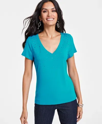 Inc International Concepts Women's Raining-crystal V-neck Tee, Created For Macy's In Sparkling