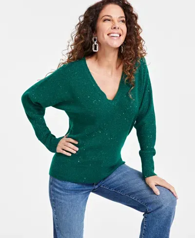 Inc International Concepts Women's Sequin-shine V-neck Sweater, Created For Macy's In Green Tour