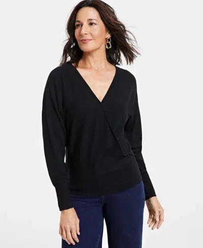 Inc International Concepts Women's Surplice Long-sleeve Sweater, Created For Macy's In Deep Black