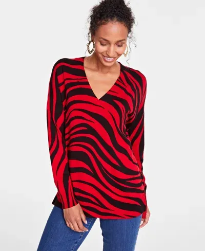 Inc International Concepts Women's Zebra-print V-neck Sweater, Created For Macy's In Red Black Combo