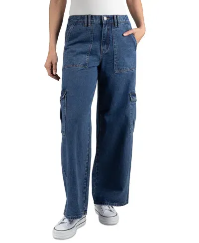 Indigo Rein Juniors' High-rise Wide-leg Cargo Jeans In Dark Blue