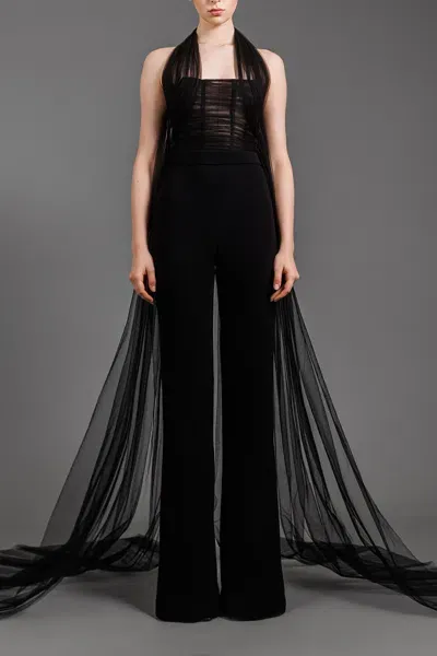 Jean Louis Sabaji Tulle Draped Crêpe Jumpsuit (us 16) In Black