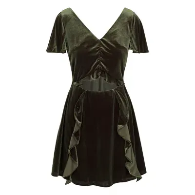 Jena Tang Women's Kiara Velvet Green Flutter Ruffle Cut-out Midi Dress