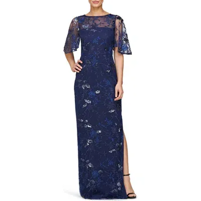 Js Collections Daphne Embroidered Sequin Column Gown In Sapphire Navy