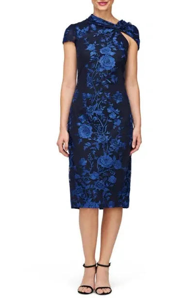 Js Collections Everleigh Floral Embroidered Cocktail Dress In Navy/indigo