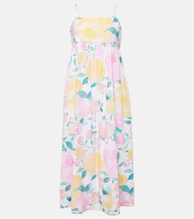 Juliet Dunn Floral Cotton And Linen Midi Dress In Multicoloured