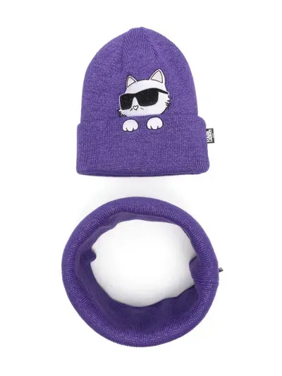 Karl Lagerfeld Kids' Choupette Beanie And Cowl Set In Purple