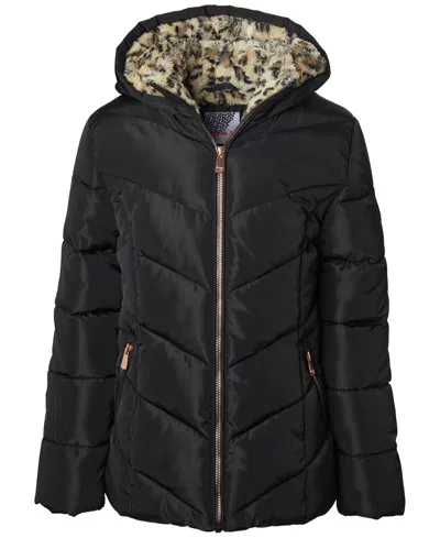 Kensie Girl Kids' Big Girls Quilted Full-zip Hooded Puffer Jacket With Cheetah-print Faux-fur Lining In Black