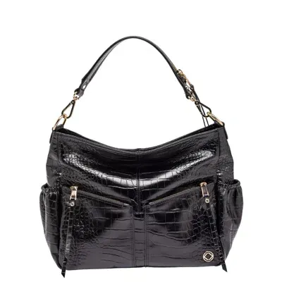 Kerikit England Women's Blue Lennox Midi Croc  Embossed Black Leather Handbag - Sale