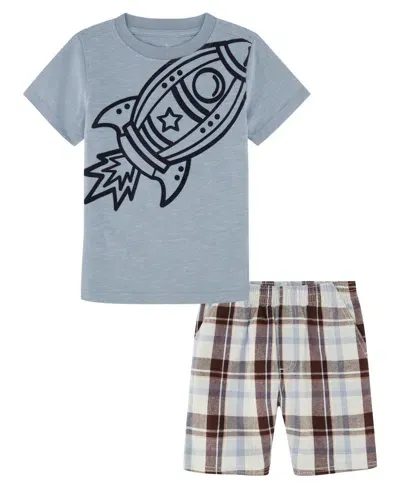 Kids Headquarters Kids' Little Boys Rocket Short Sleeve T-shirt And Prewashed Plaid Shorts In Blue,plaid