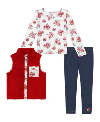 Kids Headquarters Kids' Toddler And Little Girls Floral Trim Sherpa Vest & Leggings, 3 Piece Set In Salsa Red,print,blue