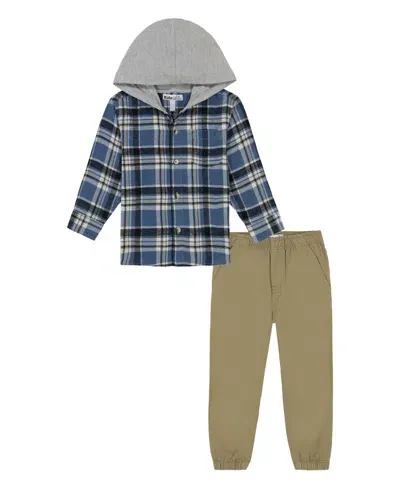 Kids Headquarters Kids' Toddler And Little Boys, Plaid Woven Shirt With Knit Hood Twill Joggers In Blue Plaid,british Khaki