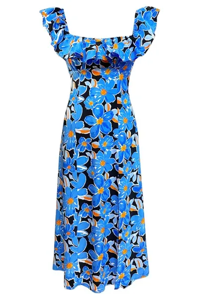 Lavaand Women's Black / Blue The Francesca Frill Neck Midi Dress - Black, Blue In Black/blue