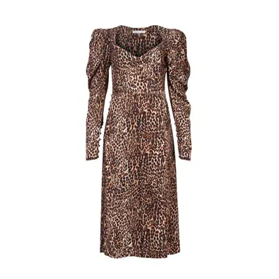 Lavaand Women's Black / Brown The Genevieve Midi Dress Puff Sleeve In Leopard In Black/brown