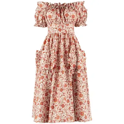 Lavaand Women's Neutrals The Tamsin Bardot Ruffle Pocket Midi Dress In Wild Floral In Green/orange