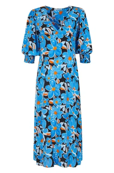 Lavaand Women's The Julia Short Sleeve V Neck Midi Dress In Blue Floral